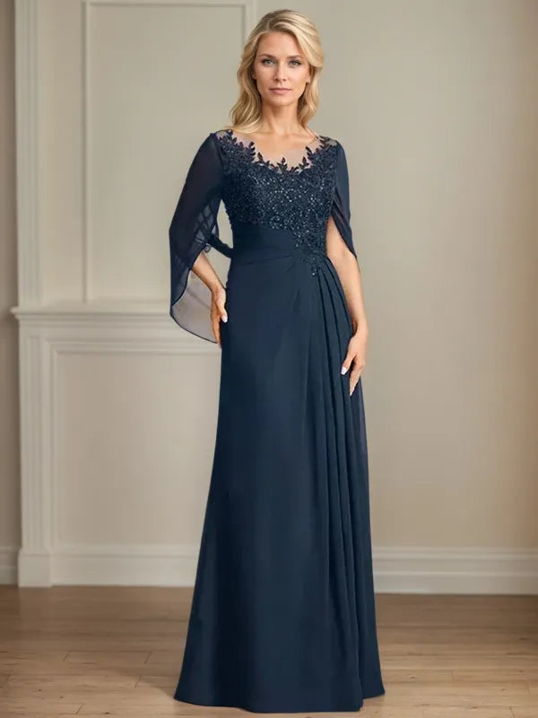 A-Line Scoop 3/4 Sleeve Chiffon Mother of the Bride Dress with Appliqués