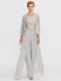 3-Piece Chiffon Square Neck Mother of the Bride Pantsuit Set with Jacket