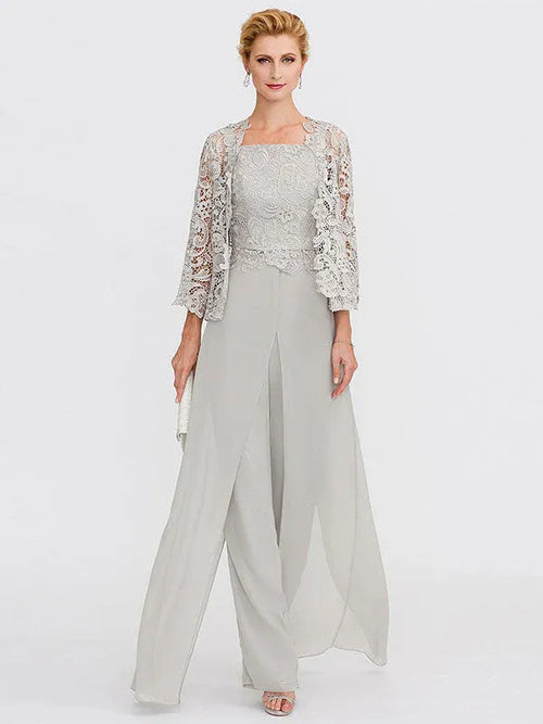 3-Piece Chiffon Square Neck Mother of the Bride Pantsuit Set with Jacket
