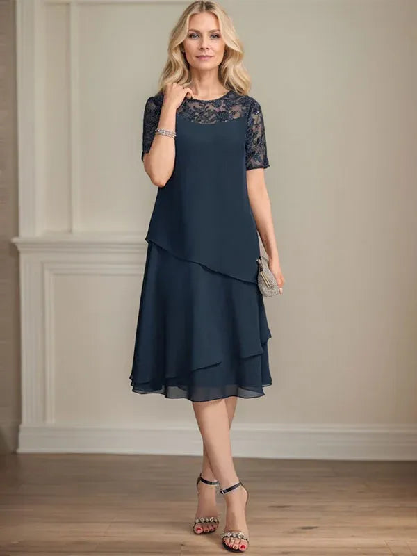 A-Line Scoop Neck Illusion Knee-Length Lace Chiffon Mother of the Bride Dress with Sequins
