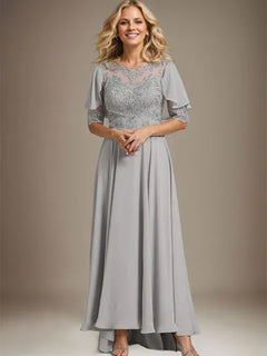 A-Line Scoop Neck Illusion Asymmetrical Chiffon and Lace Mother of the Bride Dress with Beading