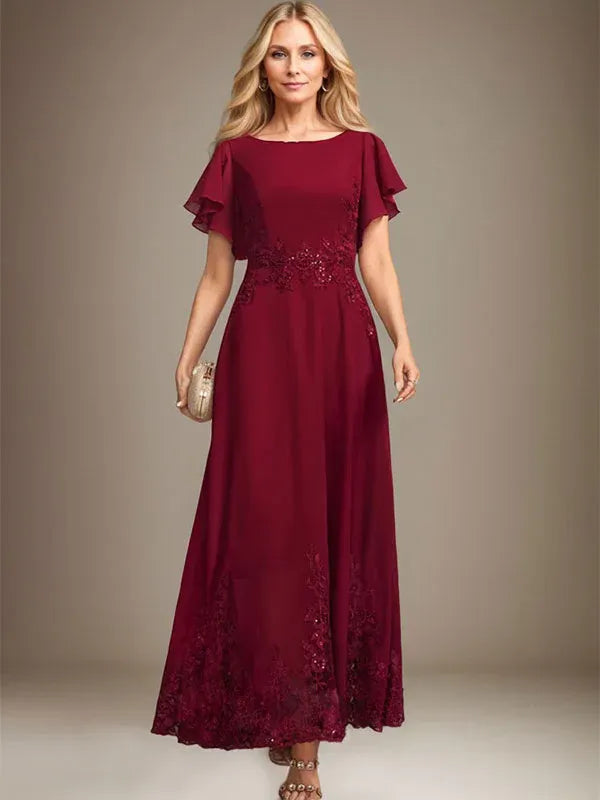 A-Line Scoop Neck Ankle-Length Lace and Chiffon Mother of the Bride Dress with Sequins
