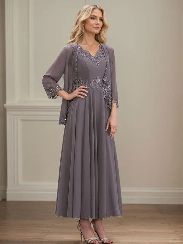 A-Line V-Neck Chiffon Mother of the Bride Dress with Sequins, Appliques, Lace, and Beading at Ankle Length