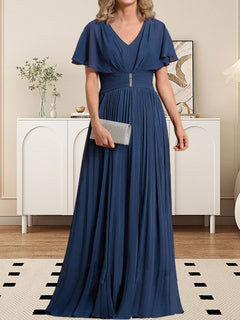 A-Line V-Neck Floor-Length Chiffon Mother of the Bride Dress with Crystal Brooch and Pleated Design