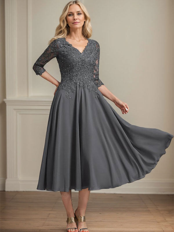 A-Line V-Neck Tea-Length Chiffon and Lace Mother of the Bride Dress with Beading and Sequins