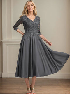 A-Line V-Neck Tea-Length Chiffon and Lace Mother of the Bride Dress with Beading and Sequins