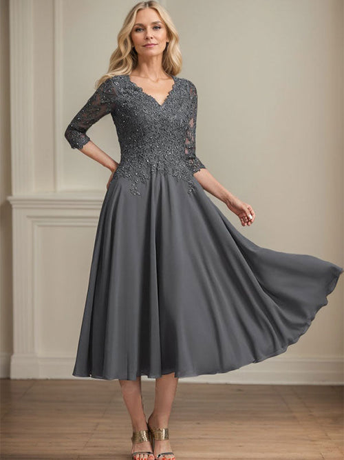 A-Line V-Neck Tea-Length Chiffon and Lace Mother of the Bride Dress with Beading and Sequins