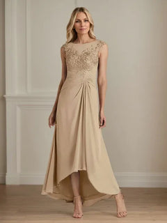 Champagne A-Line Lace and Chiffon Scoop Neck Dress