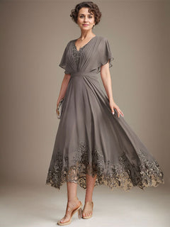 A-Line V-Neck Asymmetrical Lace Chiffon Mother of the Bride Dress with Pleats