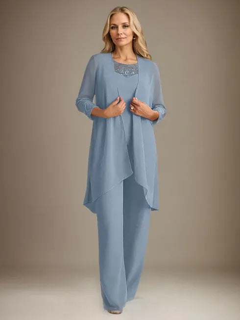 Chiffon Scoop Neck Long Sleeve Mother of the Bride Pantsuit with Jacket