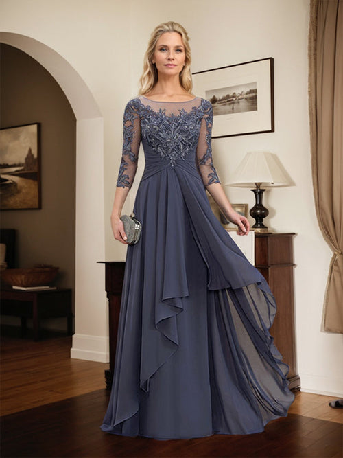 A-Line Scoop Neck Illusion Floor-Length Lace Chiffon Mother of the Bride Dress with Cascading Ruffles