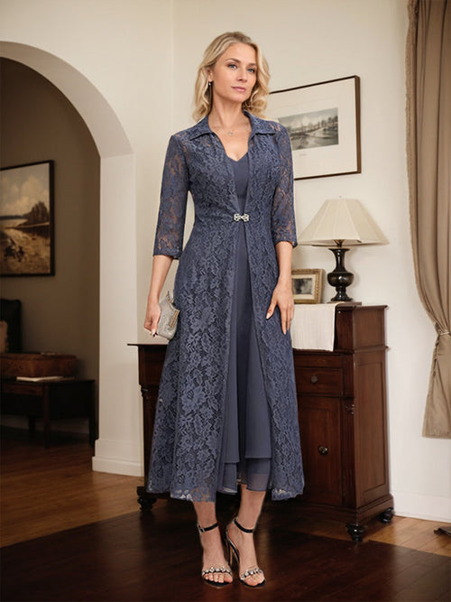 A-Line V-Neck Tea-Length Chiffon Mother of the Bride Dress