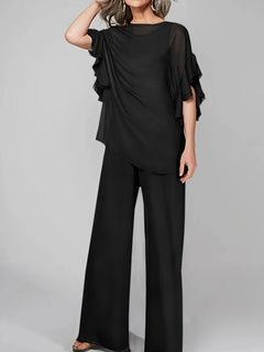 Chiffon Mother of the Bride Jumpsuit with Scoop Neck and Half Sleeves