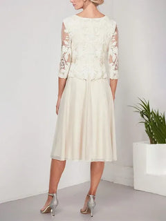 A-Line Scoop Neck Tea-Length Lace Chiffon Mother of the Bride Dress with Embroidery