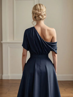 A Line Satin One Shoulder Pleated Ankle Length Mother of the Bride Dress