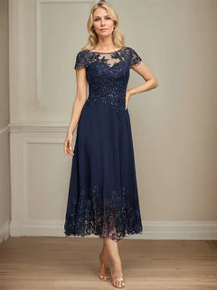 A-Line Illusion Scoop Tea-Length Lace Chiffon Mother of the Bride Dress with Sequins