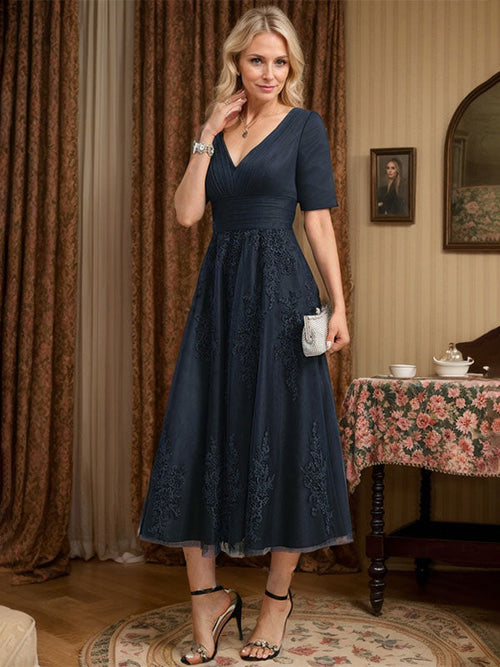 A-Line V-Neck Tea-Length Tulle Lace Mother of the Bride Dress with Pleats