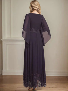 A-Line Scoop Neck Illusion Lace Chiffon Mother of the Bride Dress with Sequins and Ankle-Length Hem