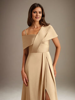 A-Line Satin Mother of the Bride Dress with Asymmetrical Neckline, Floor-Length, and Pleated Design