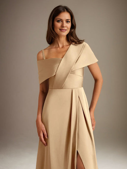 A-Line Satin Mother of the Bride Dress with Asymmetrical Neckline, Floor-Length, and Pleated Design