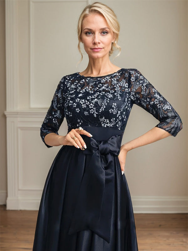 A-Line Scoop Neck Illusion Asymmetrical Satin Lace Mother of the Bride Dress with Bow
