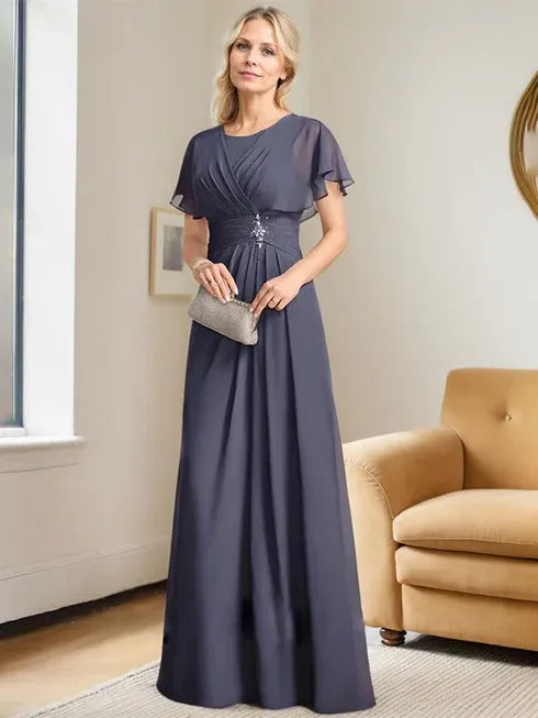 A-Line Scoop Neck Floor-Length Chiffon Mother of the Bride Dress with Pleated Beading
