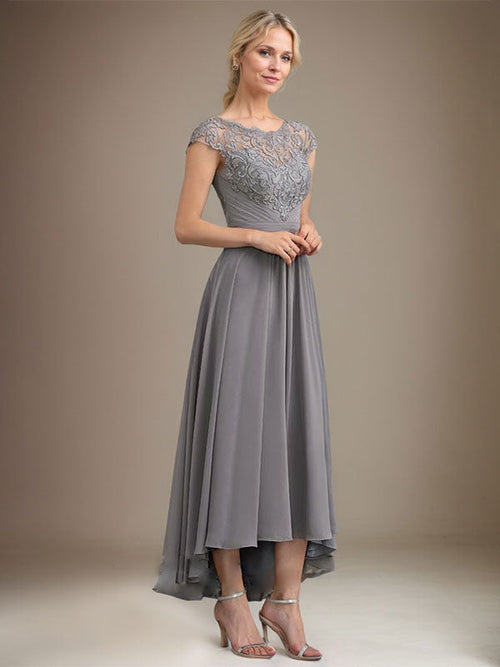 A-Line Scoop Neck Illusion Asymmetrical Lace Chiffon Mother of the Bride Dress with Pleats