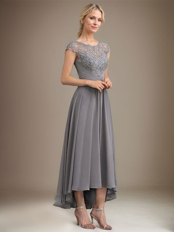 A-Line Scoop Neck Illusion Asymmetrical Lace Chiffon Mother of the Bride Dress with Pleats