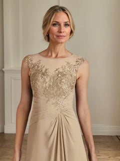 Champagne A-Line Lace and Chiffon Scoop Neck Dress