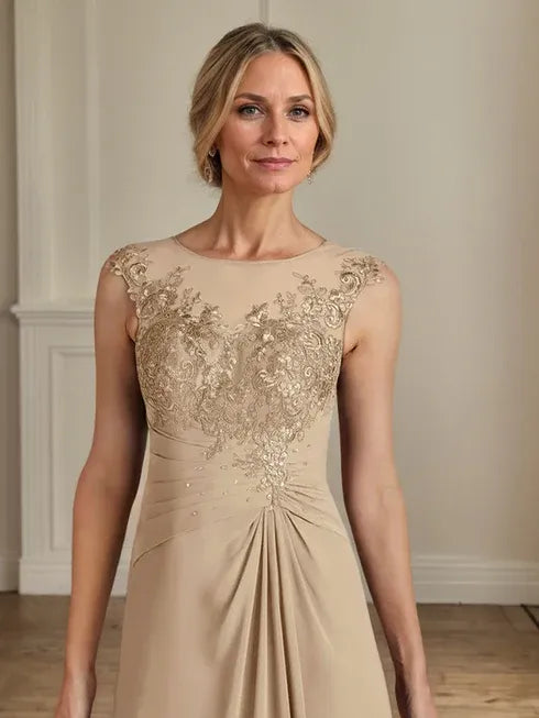 Champagne A-Line Lace and Chiffon Scoop Neck Dress