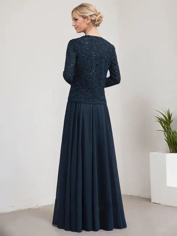 A-Line Square Neck Floor-Length Lace and Chiffon Mother of the Bride Dress with Sequins