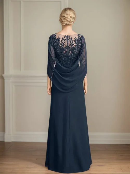 A-Line Scoop 3/4 Sleeve Chiffon Mother of the Bride Dress with Appliqués