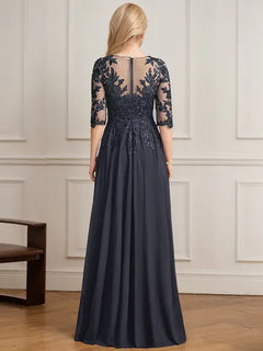 A-Line V-Neck Floor-Length Lace and Chiffon Mother of the Bride Dress with Pleated Sequins