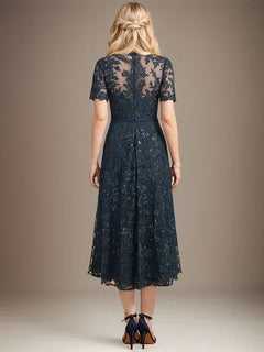 A-Line Scoop Neck Illusion Tea-Length Lace Mother of the Bride Dress with Sequins