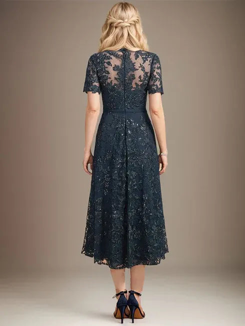 A-Line Scoop Neck Illusion Tea-Length Lace Mother of the Bride Dress with Sequins