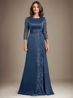 A-Line Scoop Floor-Length Lace Satin Mother Of the Bride Dress With Applique
