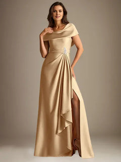 A-Line Scoop Neck Floor-Length Stretch Satin Mother of the Bride Dress with Cascading Ruffles