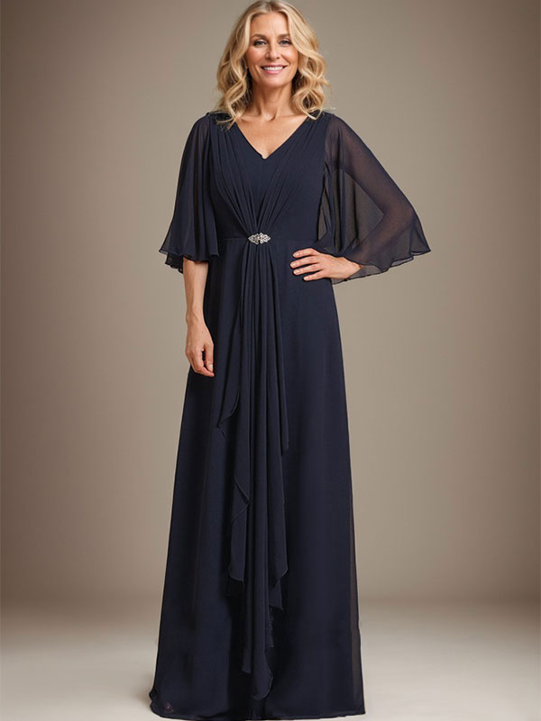 A-Line V-Neck Floor-Length Chiffon Mother of the Bride Dress with Cascading Ruffles and Crystal Brooch