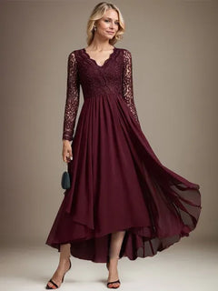 A-Line V-Neck Asymmetrical Lace Chiffon Mother of the Bride Dress