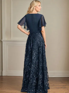 A-Line V-Neck Floor-Length Lace and Sequin Chiffon Mother of the Bride Dress with Pleats