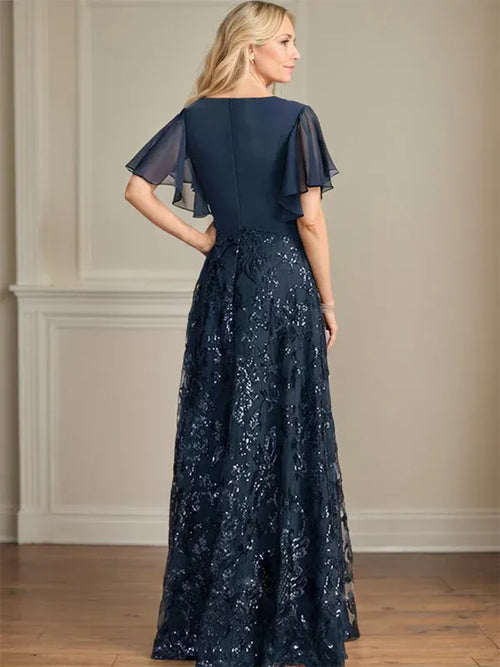A-Line V-Neck Floor-Length Lace and Sequin Chiffon Mother of the Bride Dress with Pleats