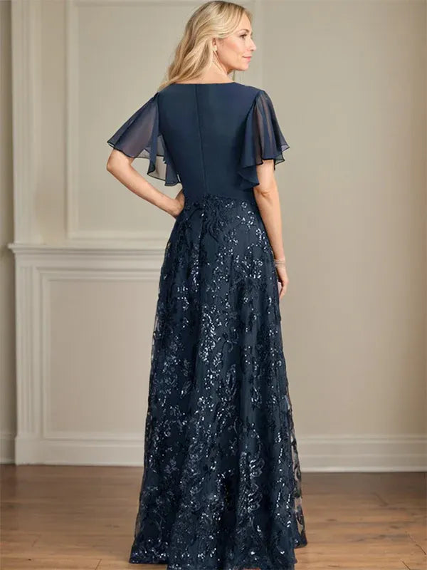 A-Line V-Neck Floor-Length Lace and Sequin Chiffon Mother of the Bride Dress with Pleats
