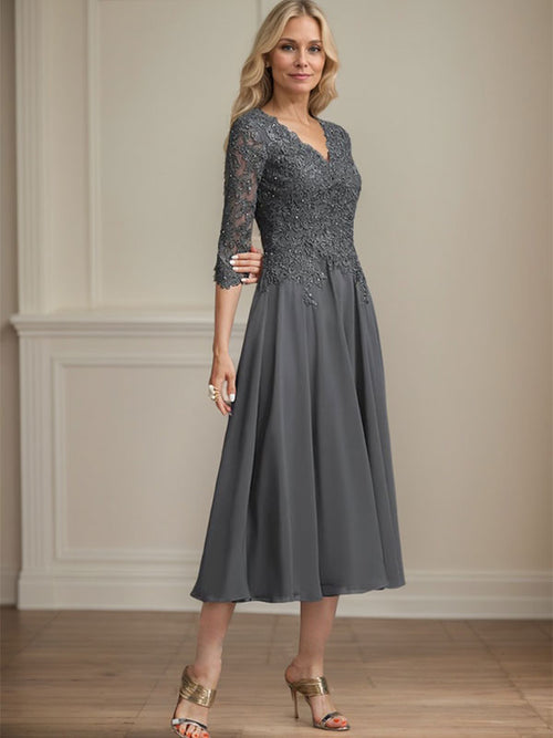 A-Line V-Neck Tea-Length Chiffon and Lace Mother of the Bride Dress with Beading and Sequins