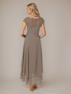 A-Line Boat Neck Illusion Asymmetrical Chiffon Lace Mother of the Bride Dress with Applique and Pleats