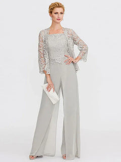 3-Piece Chiffon Square Neck Mother of the Bride Pantsuit Set with Jacket