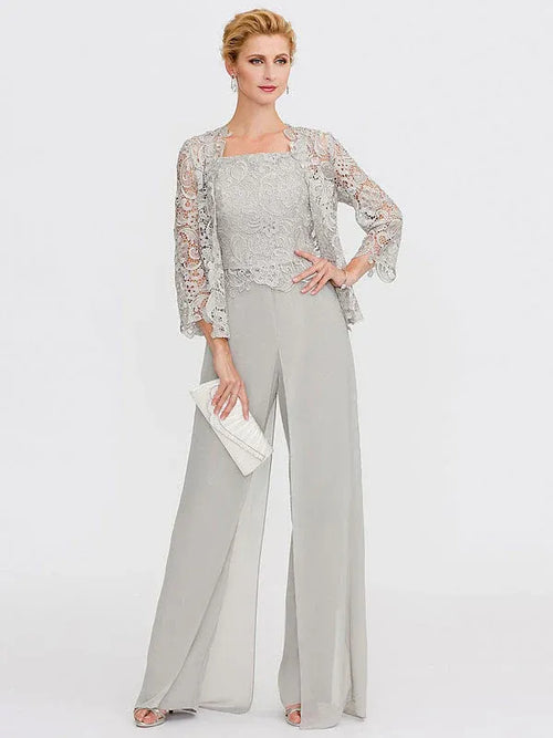 3-Piece Chiffon Square Neck Mother of the Bride Pantsuit Set with Jacket
