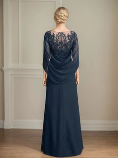 A Line Scoop 3/4 Sleeve Chiffon Mother of the Bride Dress With Appliques