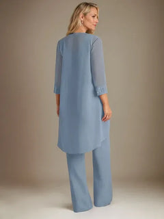 Chiffon Scoop Neck Long Sleeve Mother of the Bride Pantsuit with Jacket