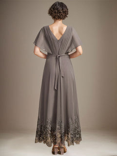 A-Line V-Neck Asymmetrical Lace Chiffon Mother of the Bride Dress with Pleats