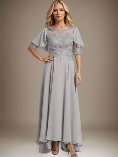 A-Line Scoop Neck Illusion Asymmetrical Chiffon and Lace Mother of the Bride Dress with Beading